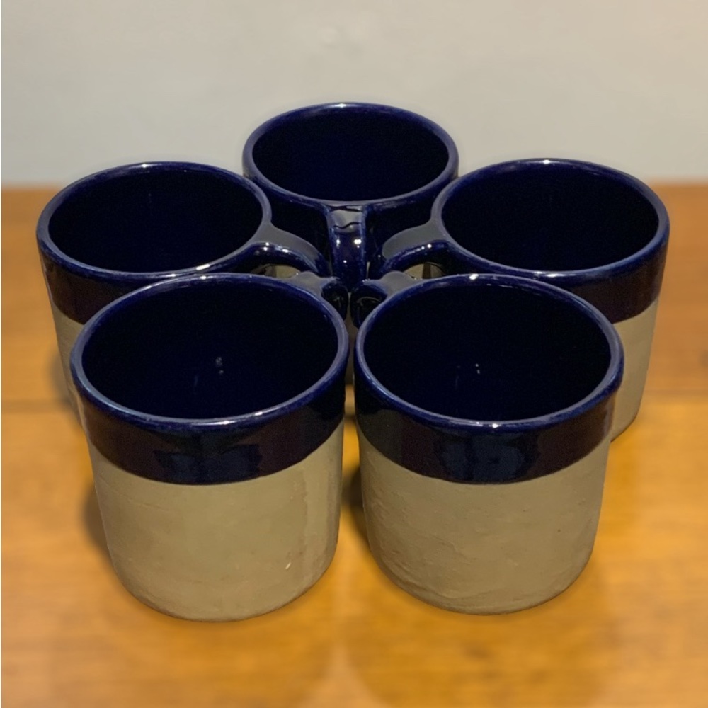 Vintage Hand Thrown Stoneware Cobalt Blue Glazed Mugs; Set of 5